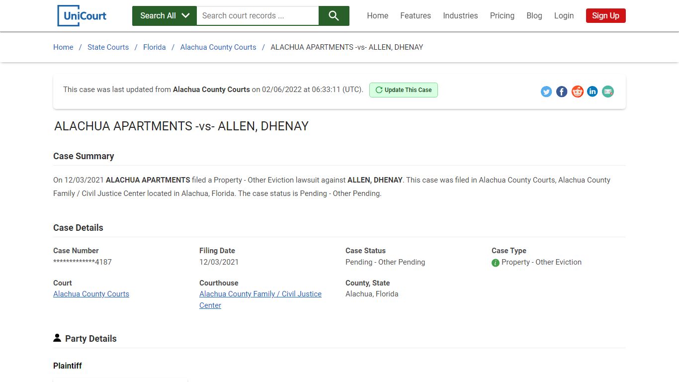 ALACHUA APARTMENTS -vs- ALLEN, DHENAY | Court Records ...